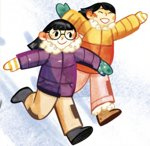 Two girls in winter outfits running down a snowy hill.