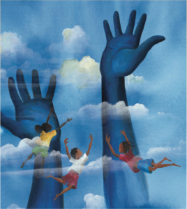 Cover image of Blue: A History of the Color as Deep as the Sea and as Wide as the Sky. Three brown-skinned children fly toward two uplifted blue hands in the sky.