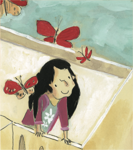 A young girl with black hair looks into the sky, surrounded by red butterflies.
