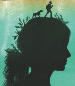 A silhouette of a boy and a dog walk atop a silhouette of a girl's head. 