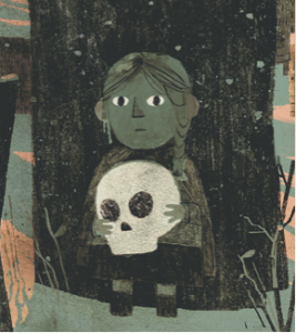 A girl stands in the shadow of a tree, holding a skull in her hands.