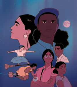 Cover of book. Portraits of brown-skinned people against a night sky backdrop. Two people fly on brooms.