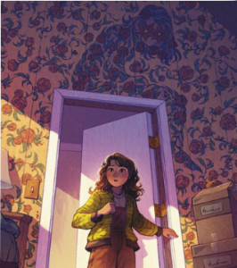 Cover for Not Quite a Ghost. Description: A young girl stands in a dimly lit room. A menacing figure looms in the wallpaper behind her.
