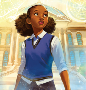 Book cover: A Black girl in a sweater vest stands in front of a library.